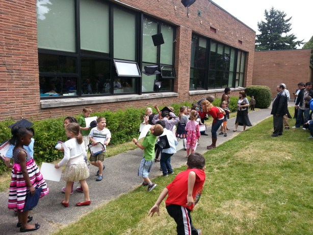 Throwing their caps in the air.